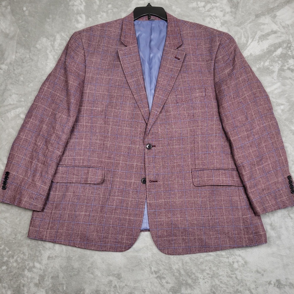 Oak Hill Blazer Mens 52R Linen Wool Burgundy Windowpane REDA 1865 Italian Fabric
